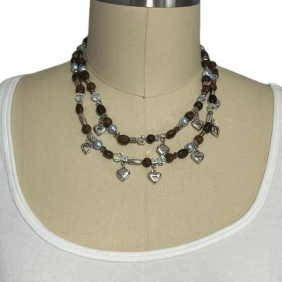 NWT Brighton Zen Garden Wood Blue & AB Glass Bead Heart Charm Double Necklace - Picture 1 of 4